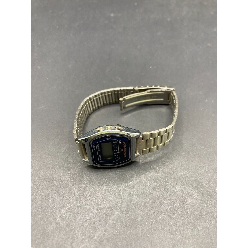 Vintage Ambassador Alarm Digital LCD Watch 100% Stainless Steel Size 6 1/4"